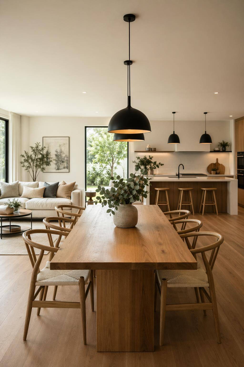 Wohnzimmer mit offener Küche einrichten- Stelle einen Esstisch als verbindendes Element auf