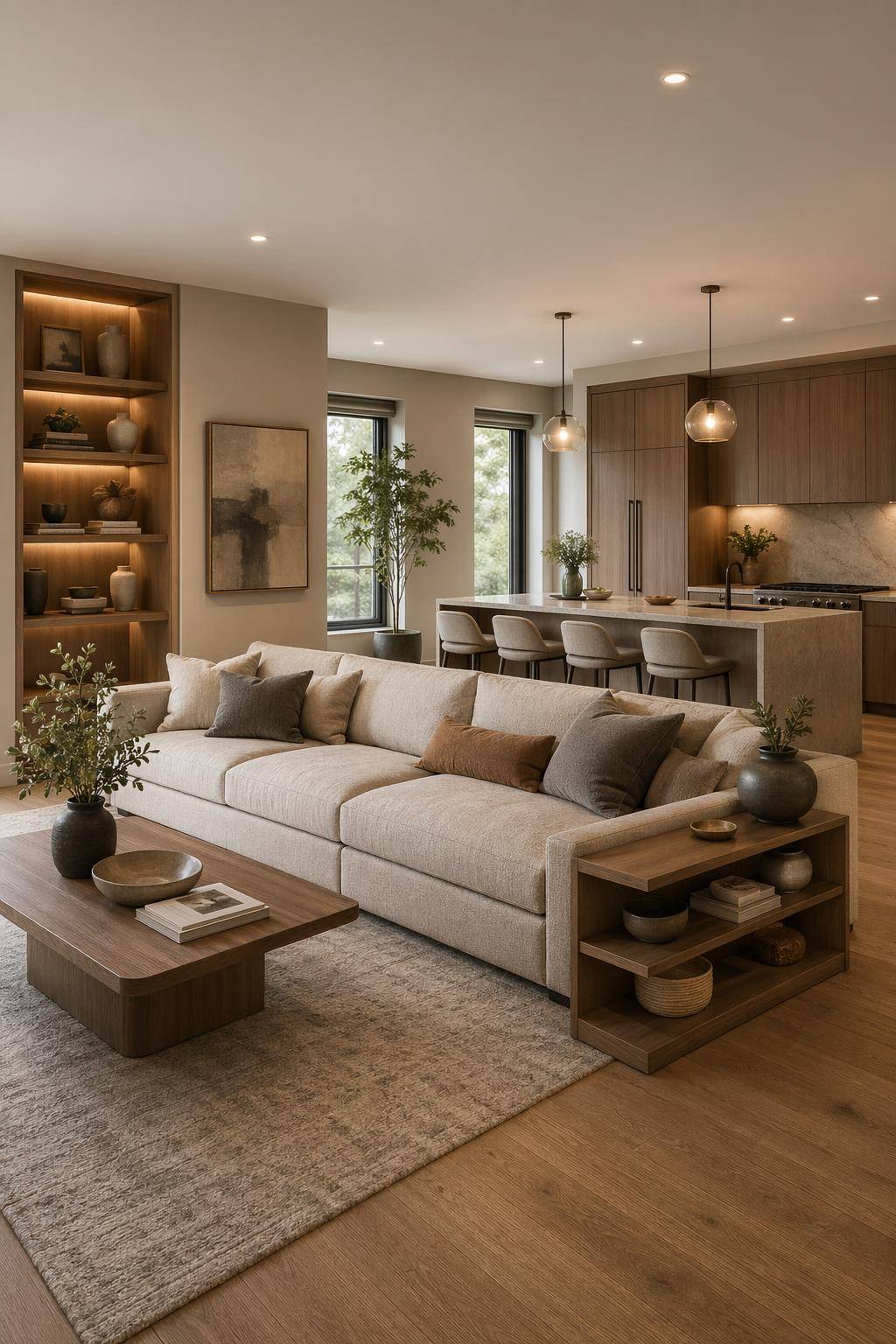 Wohnzimmer mit offener Küche einrichten- Teille das Sofa als Raumteiler ein