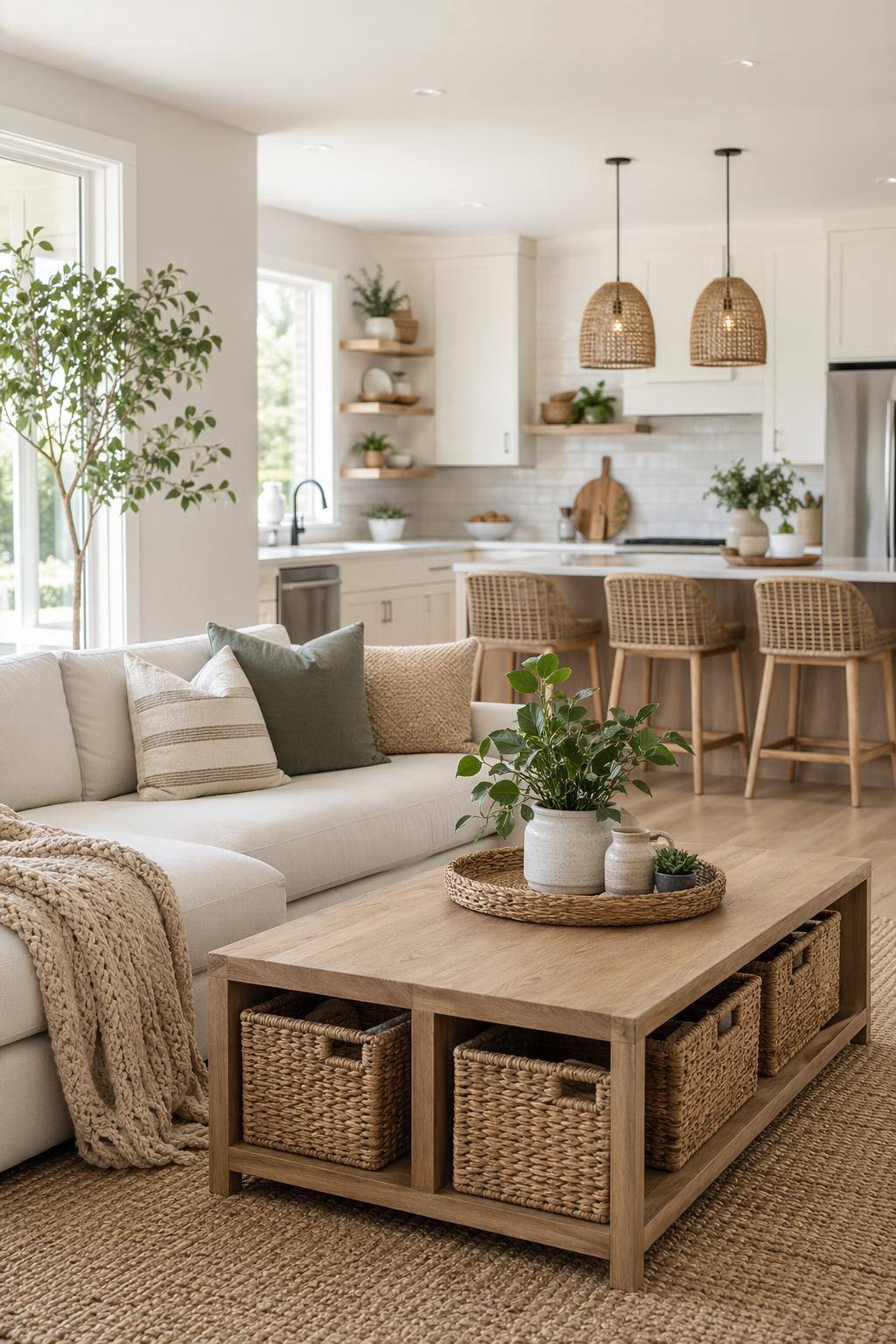 Wohnzimmer mit offener Küche einrichten- Verwende stylische Körbe für Stauraum