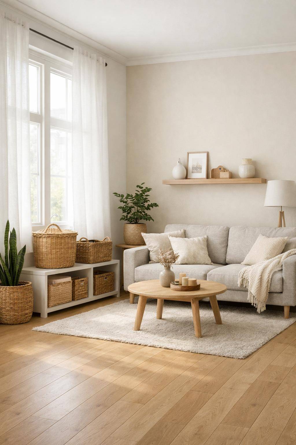 Wohnzimmer skandinavisch einrichten- Bring Ordnung mit geflochtenen Körben