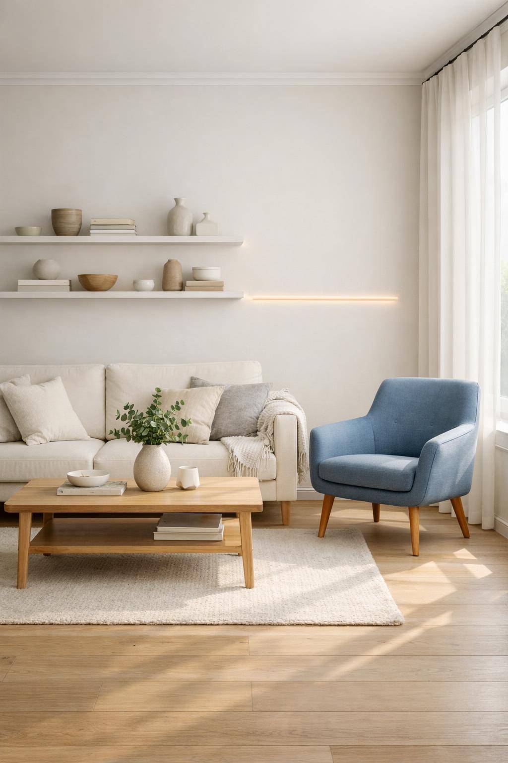 Wohnzimmer skandinavisch einrichten- Genieße Minimalismus mit bewusst platzierten Akzenten