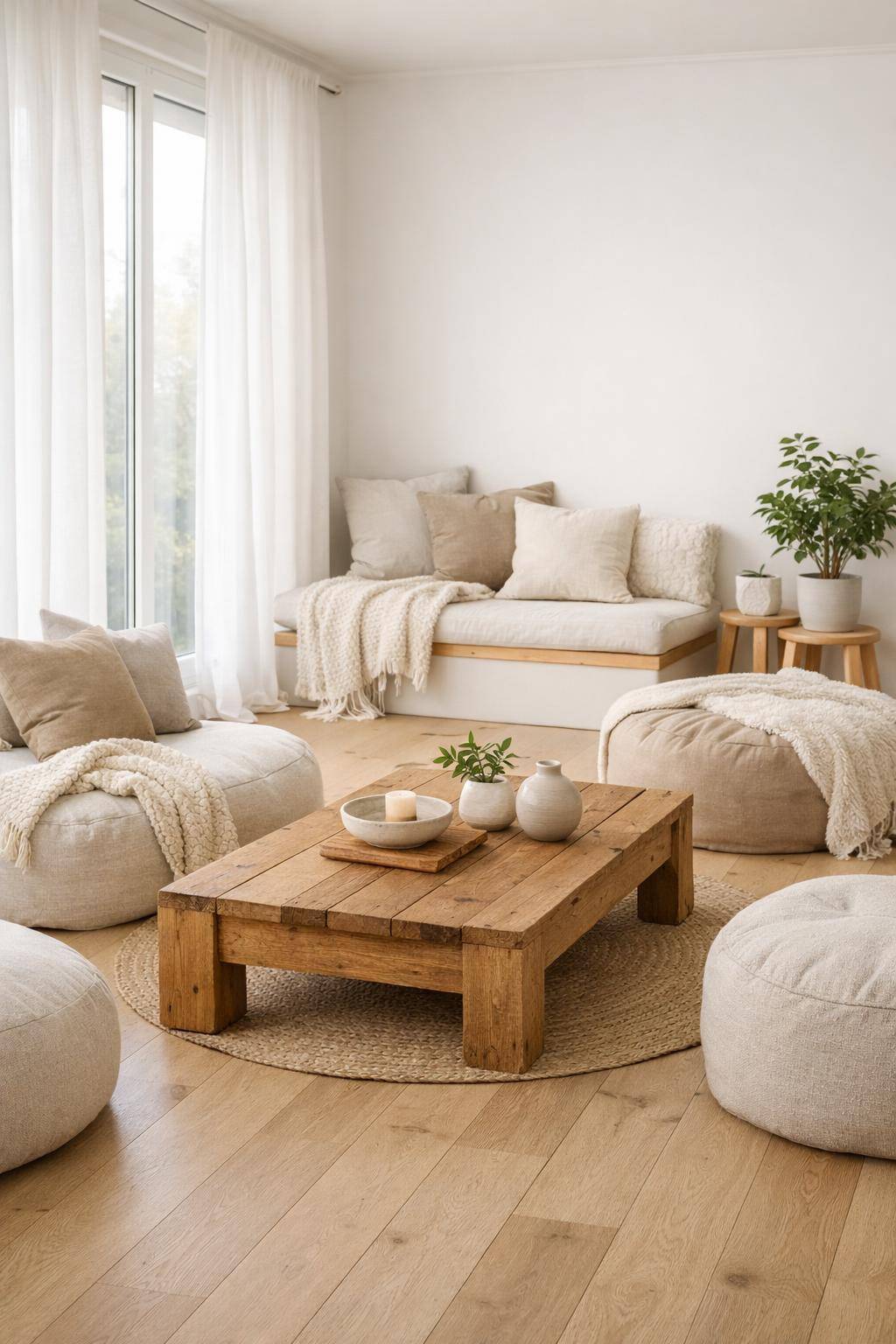 Wohnzimmer skandinavisch einrichten- Kreiere gemütliche Sitzecken mit Poufs