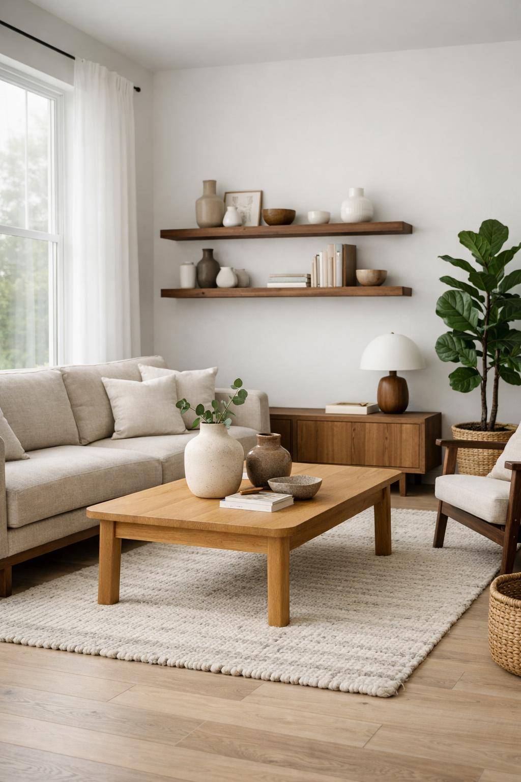 Wohnzimmer skandinavisch einrichten- Mische unterschiedliche Holzarten sorgfältig