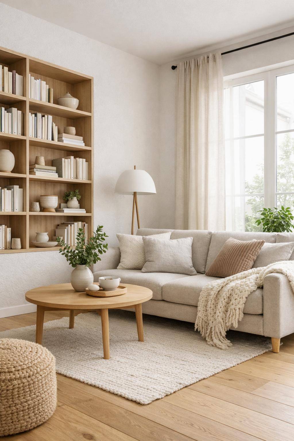Wohnzimmer skandinavisch einrichten- Präsentiere Lieblingsbücher auf einem offenen Regal