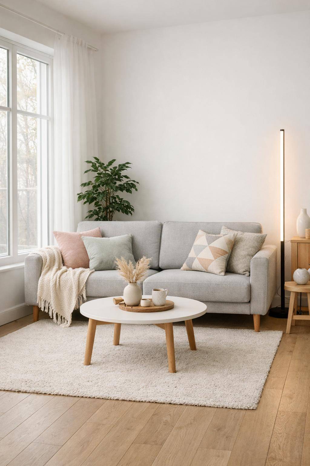 Wohnzimmer skandinavisch einrichten- Schmücke das Sofa mit gemusterten Kissen
