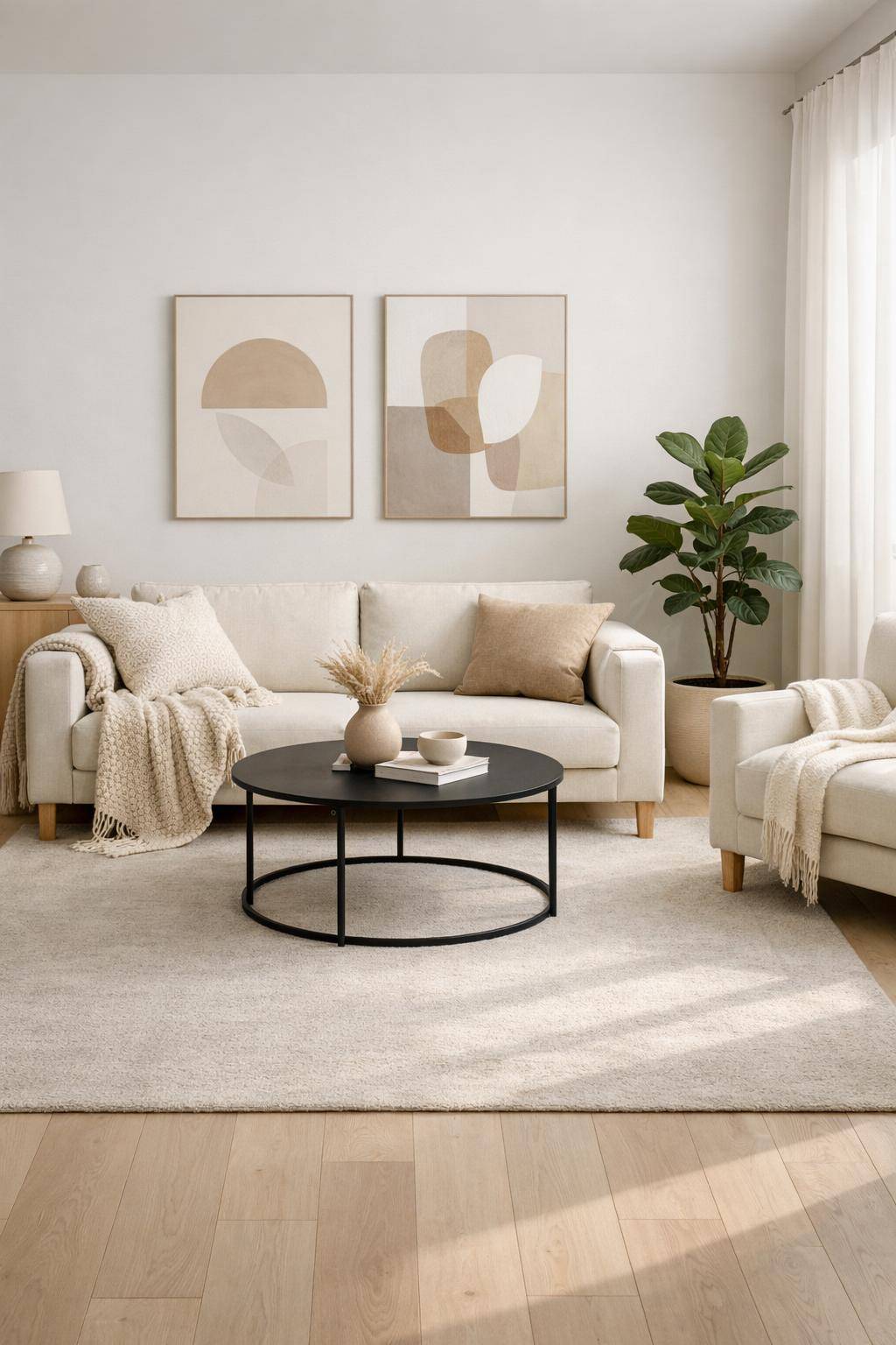Wohnzimmer skandinavisch einrichten- Wähle einen großen, dezenten Teppich