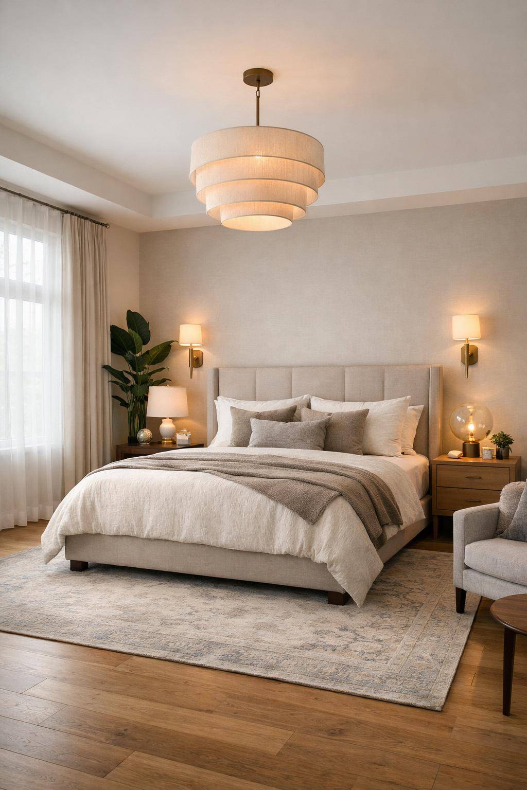 großes Schlafzimmer einrichten- Beleuchte mit mehreren Lampen für Atmosphäre