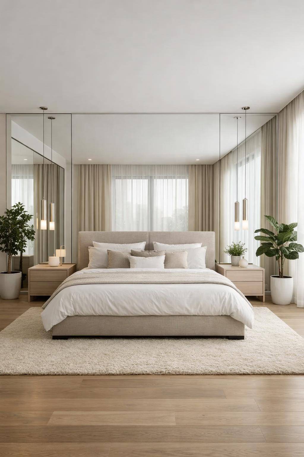 großes Schlafzimmer einrichten- Dekoriere mit großformatigen Spiegeln für Weite