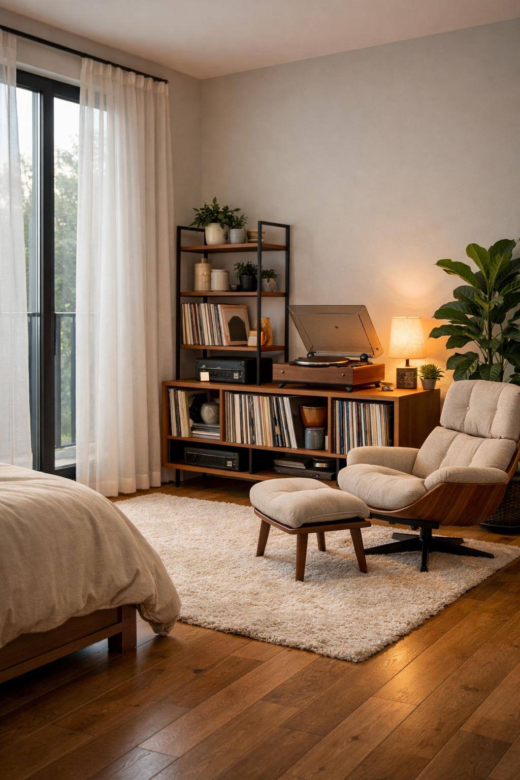 großes Schlafzimmer einrichten- Ergänze eine Musik-Ecke mit Plattenspieler