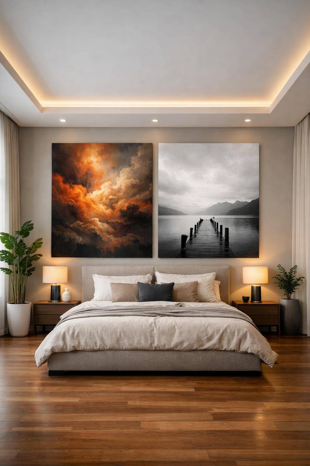 großes Schlafzimmer einrichten- Hänge Kunstwerke großflächig für Statement-Effekt