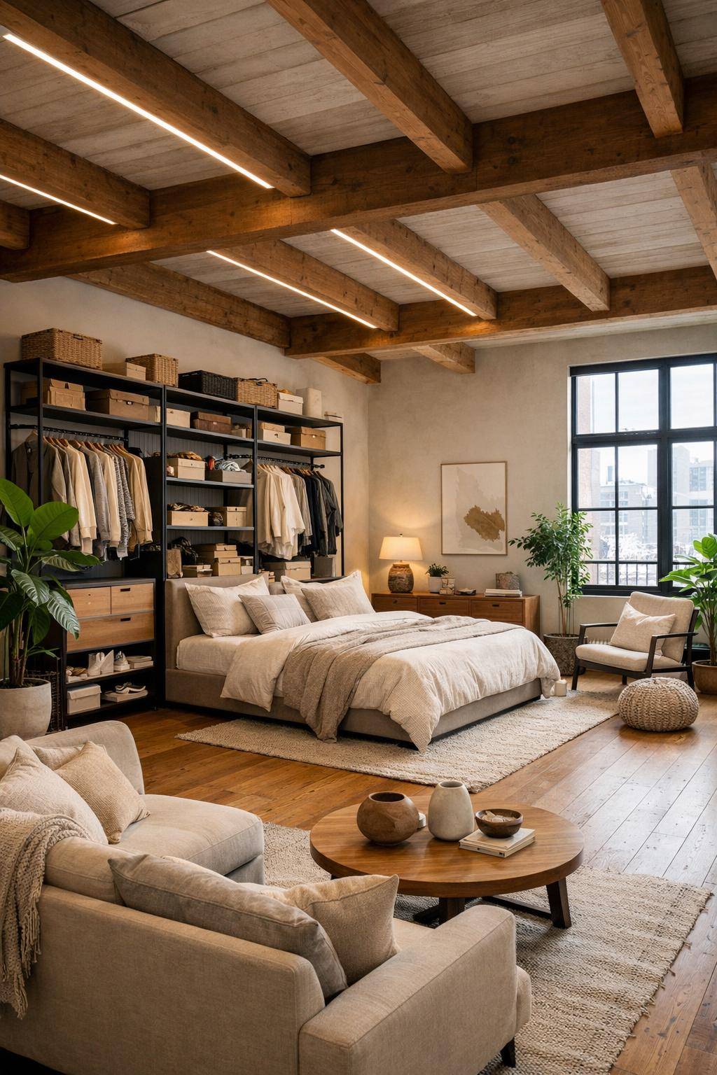 großes Schlafzimmer einrichten- Nutze offene Kleiderschränke für Loft-Feeling