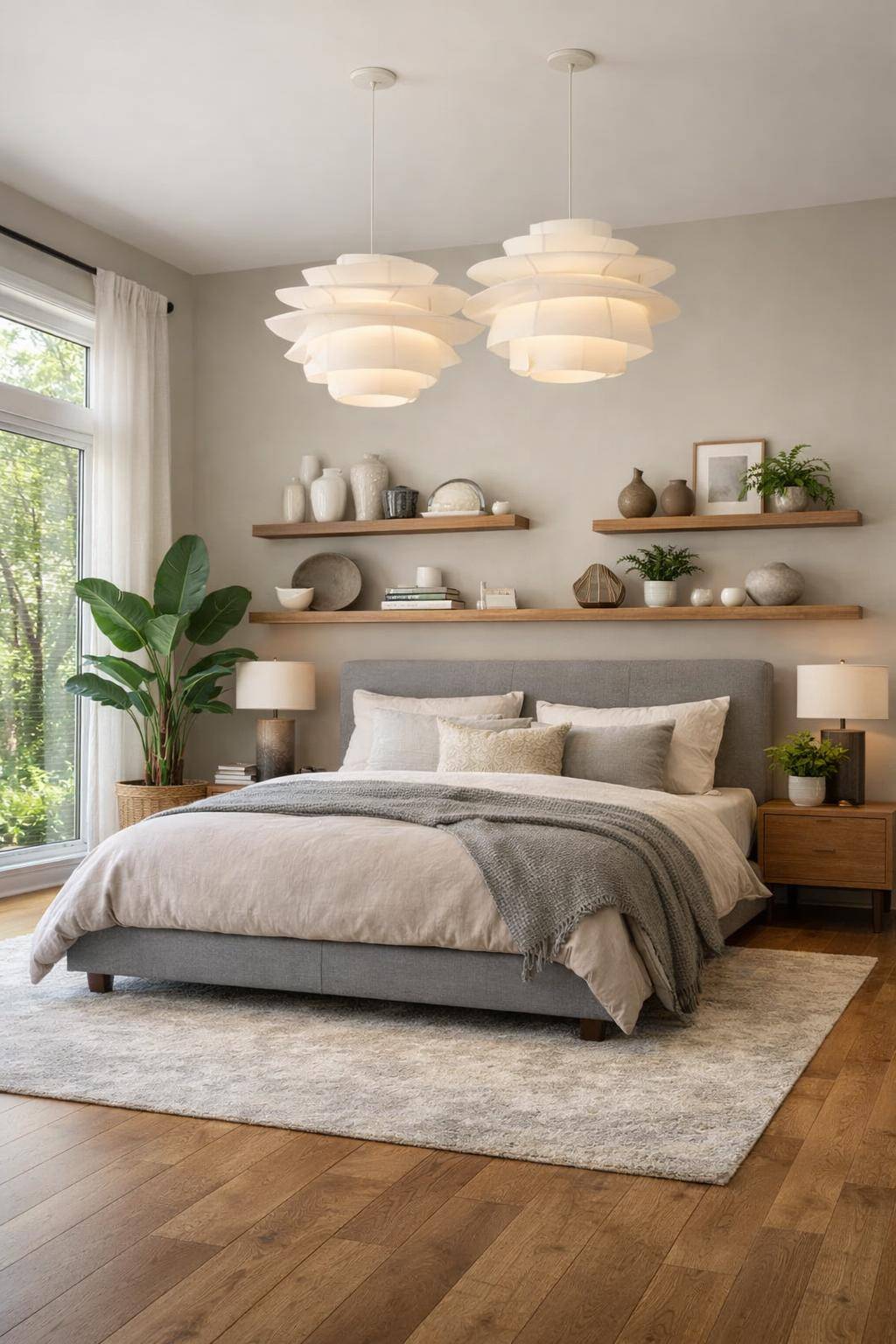 großes Schlafzimmer einrichten- Stelle Design-Regale für dekorative Ordnung auf