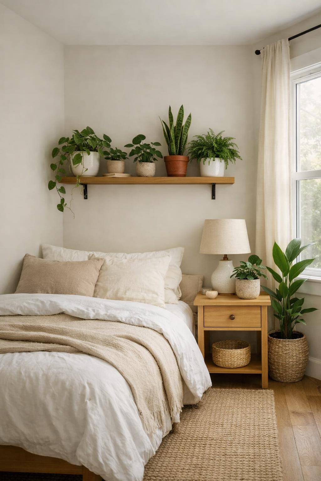 kleine Schlafzimmer einrichten- Arrangiere Pflanzen für natürliche Frische