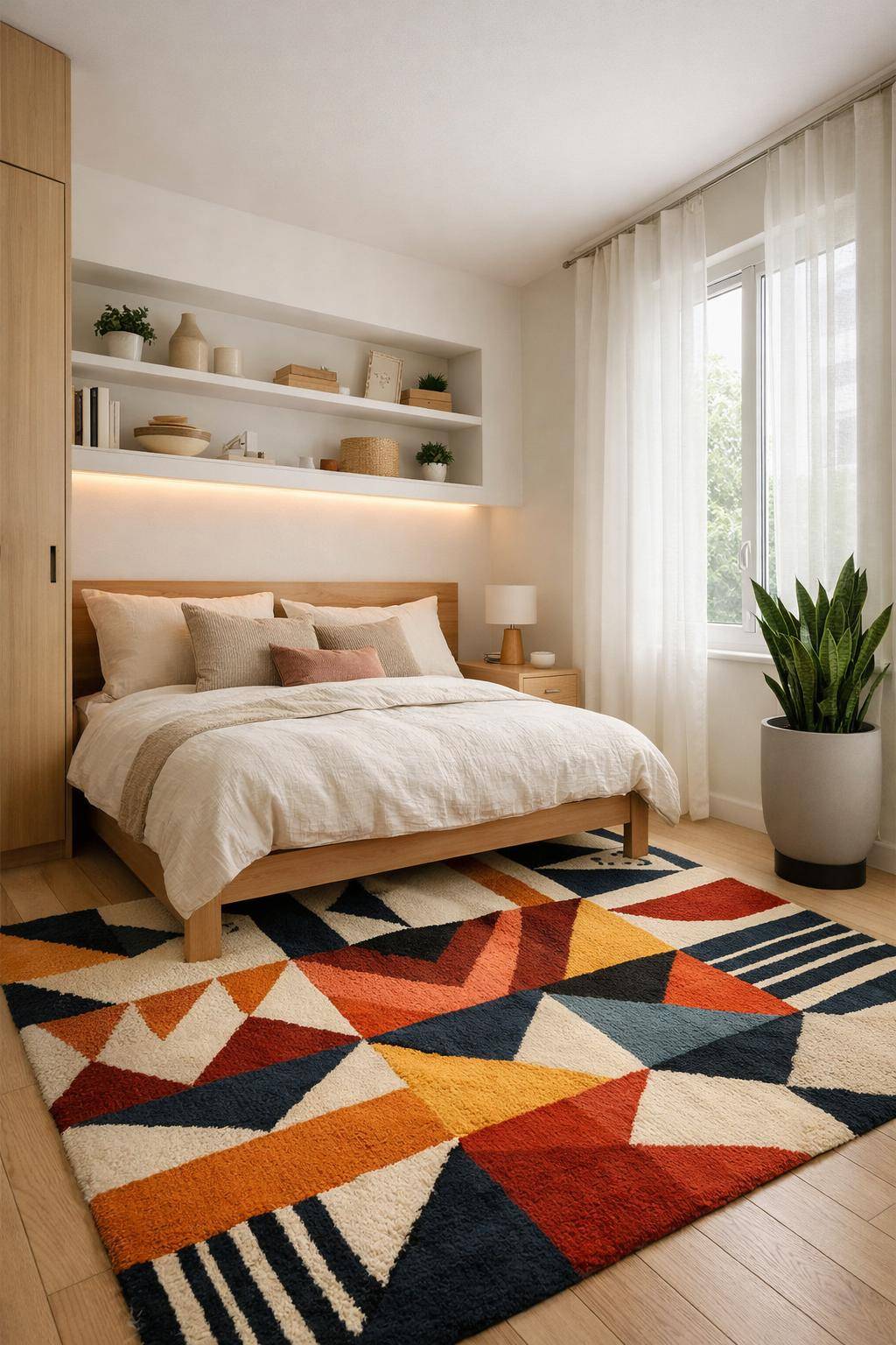 kleine Schlafzimmer einrichten- Dekoriere mit einem ansprechenden Statement-Teppich