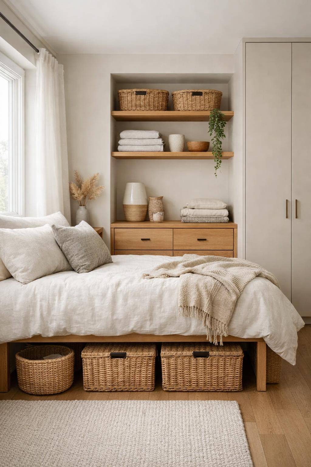 kleine Schlafzimmer einrichten- Verstecke Unordnung mit hübschen Körben