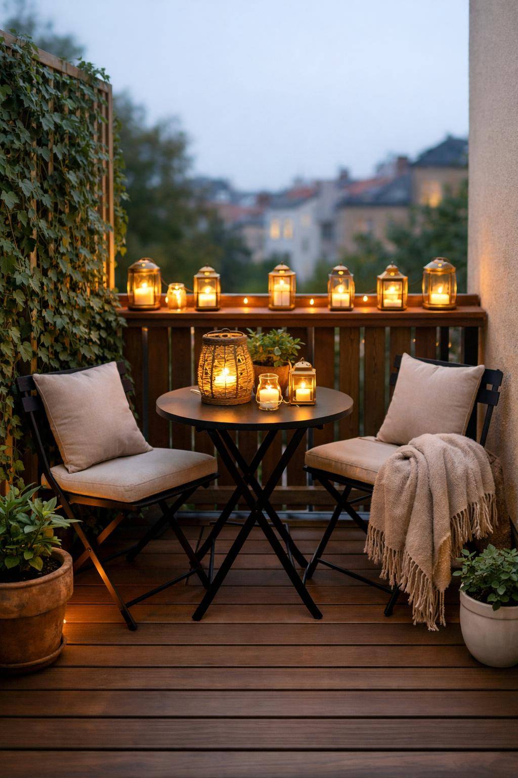 kleinen Balkon gestalten- Arrangiere Mini-Laternen für warmes Licht