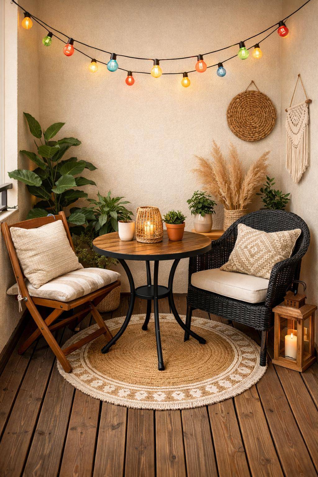 kleinen Balkon gestalten- Hänge bunte Lichterketten für Stimmung auf