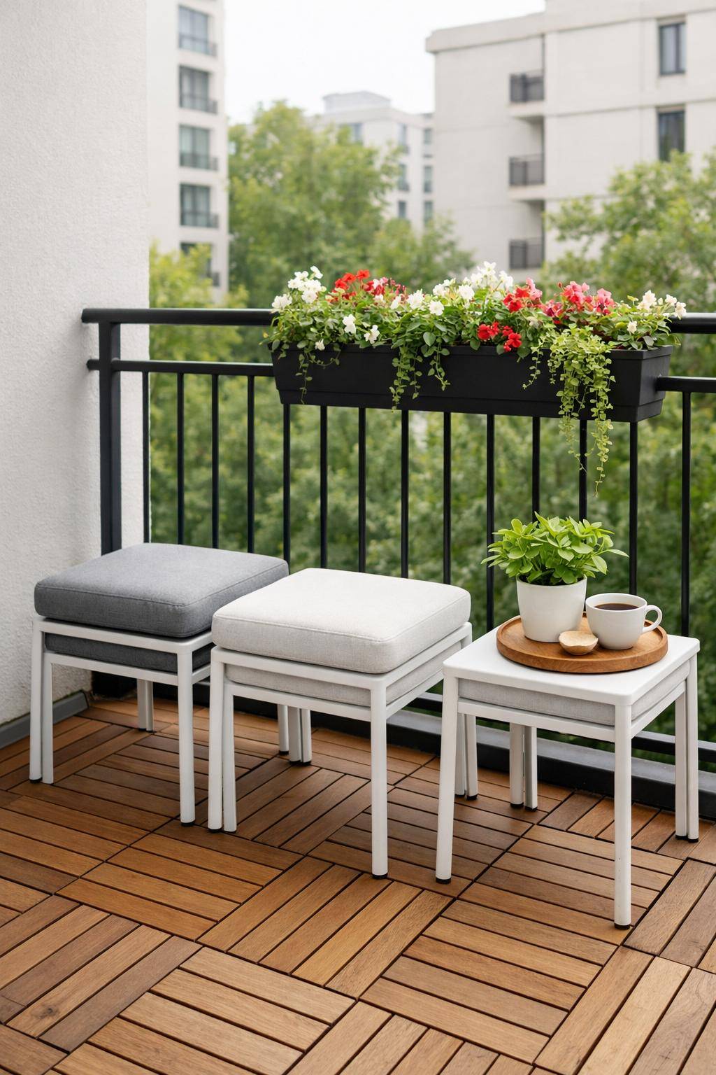 kleinen Balkon gestalten- Nutze stapelbare Hocker als Ablage
