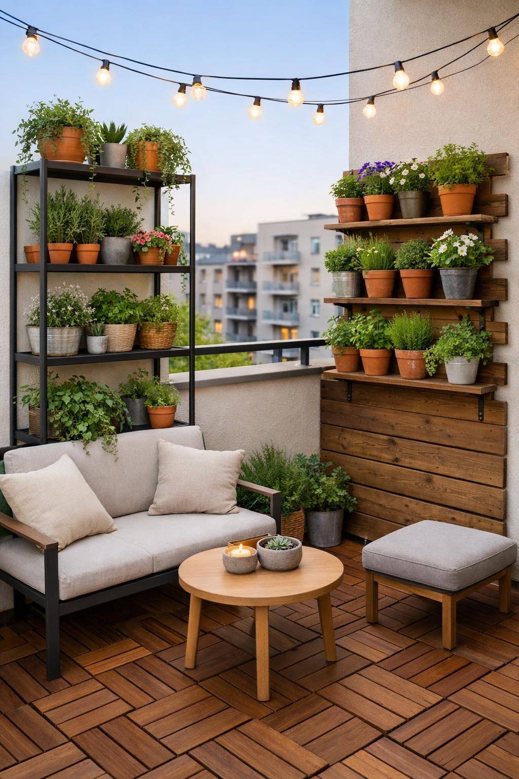 kleinen Balkon gestalten- Ordne Pflanzen in Regalen kreativ an