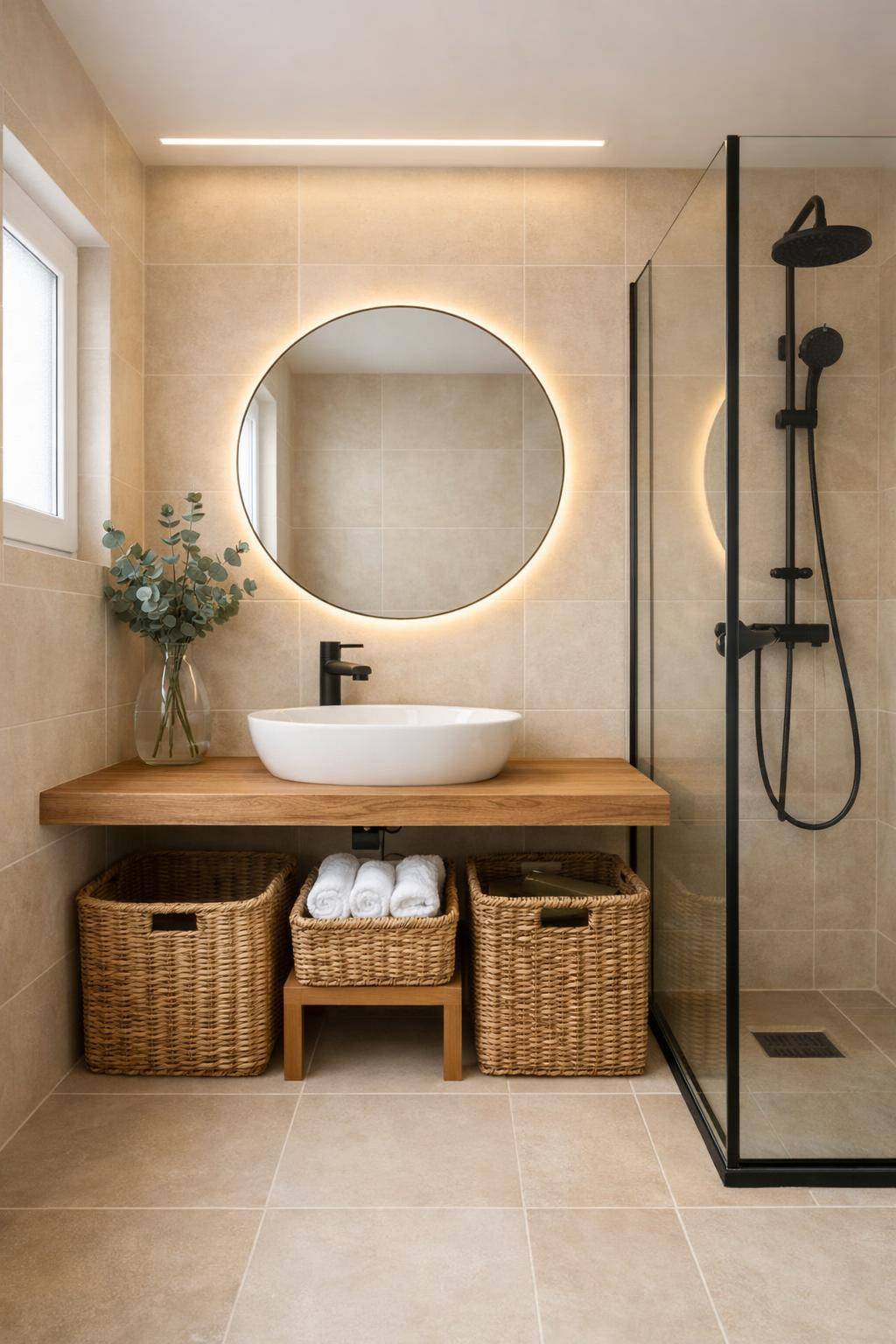 kleines Badezimmer einrichten- Stelle Körbe für Ordnung unter das Waschbecken