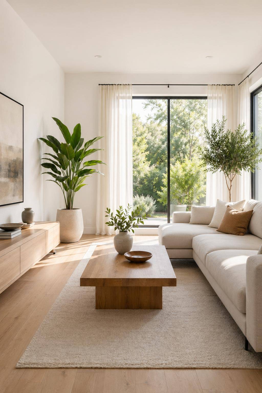 minimalistisches Wohnzimmer einrichten- Arrangiere Pflanzen als frische Akzente