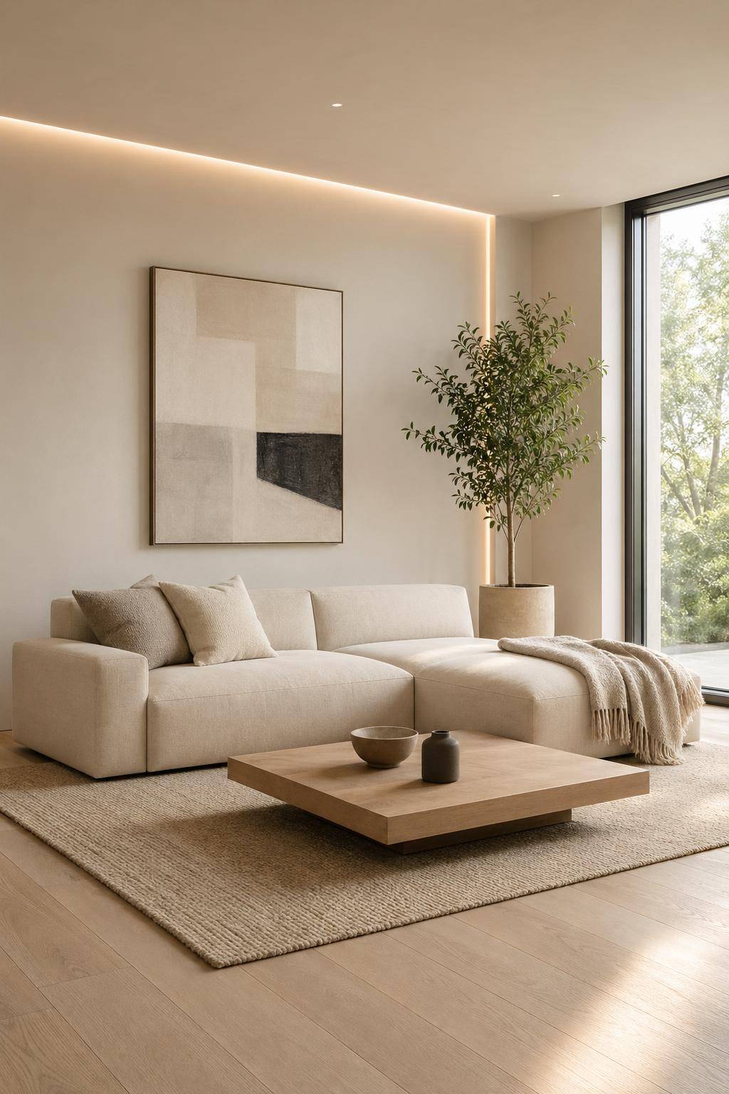 minimalistisches Wohnzimmer einrichten- Begrenze Textilien auf essentielle Stücke