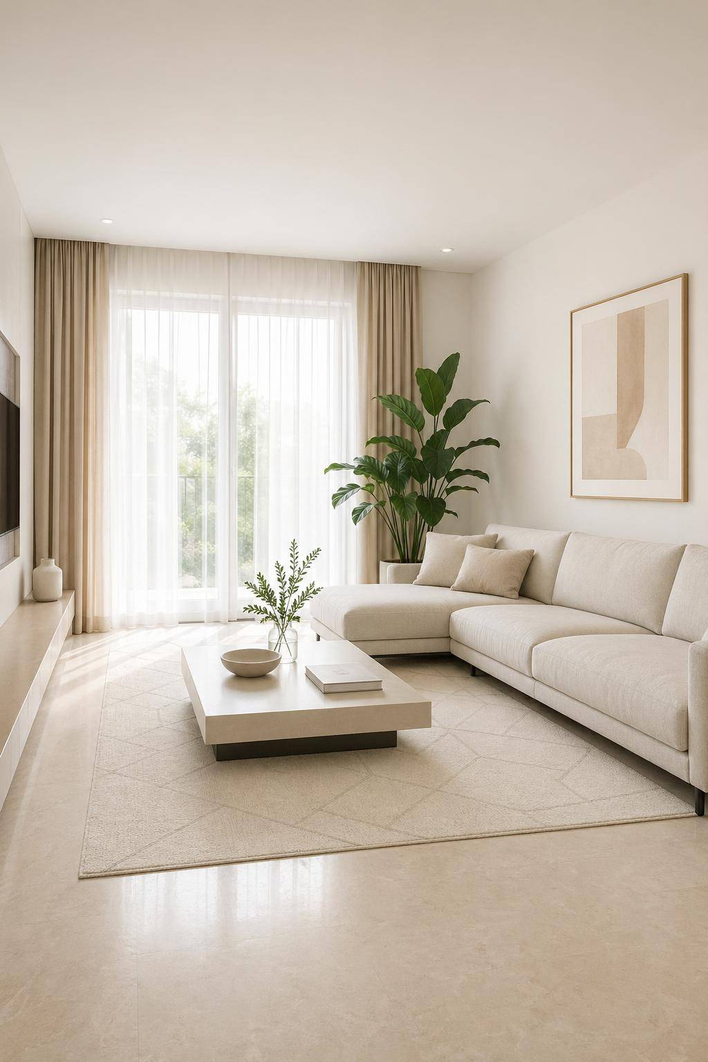 minimalistisches Wohnzimmer einrichten- Ersetze schwere Teppiche durch leichte Modelle