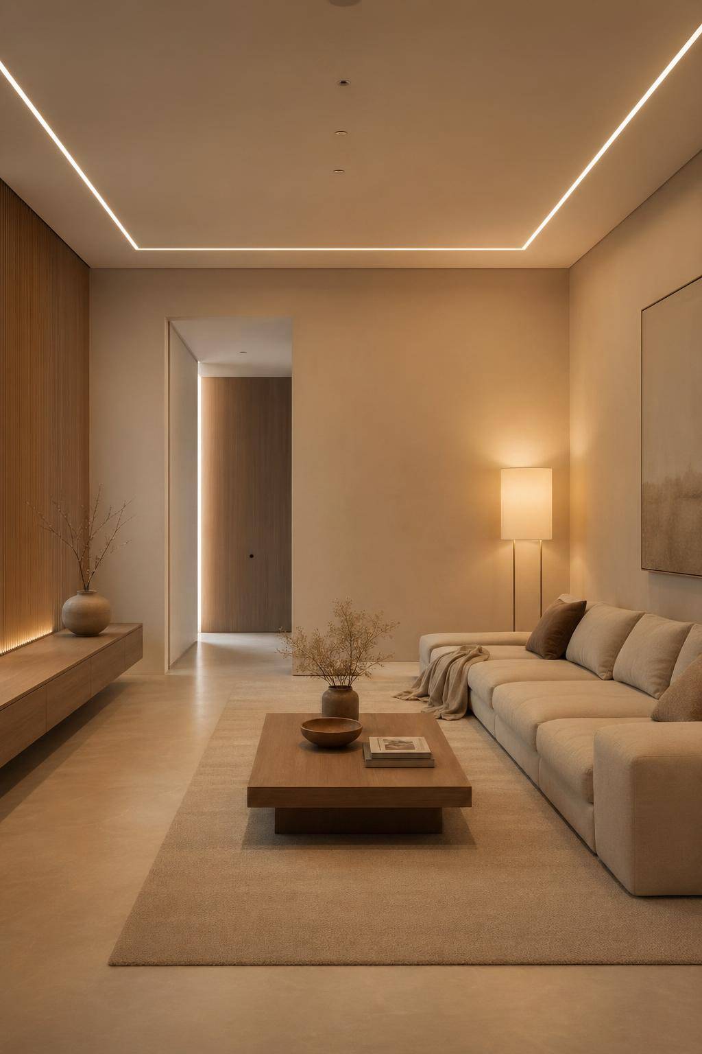 minimalistisches Wohnzimmer einrichten- Gestalte die Beleuchtung zurückhaltend und warm