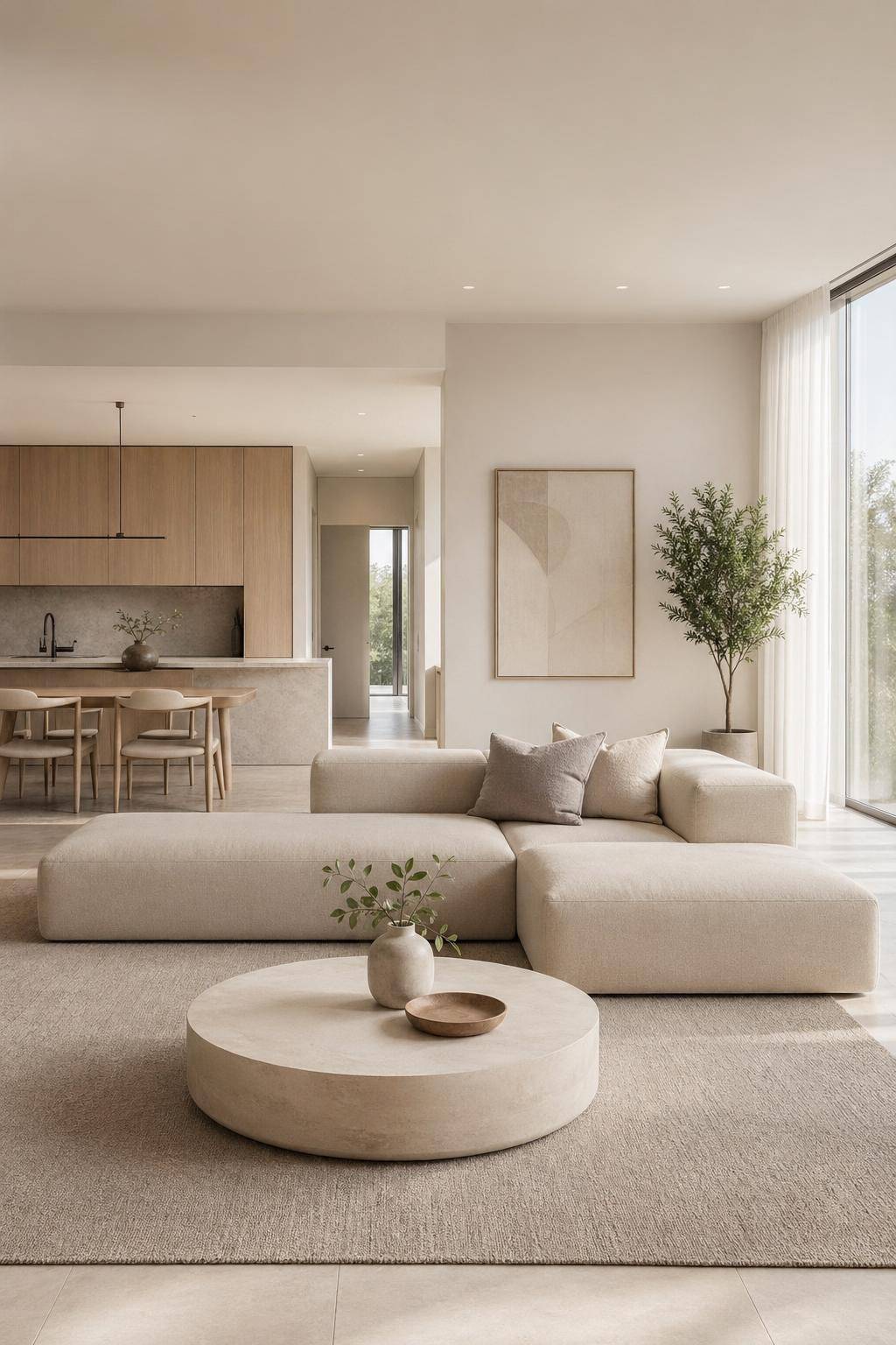 minimalistisches Wohnzimmer einrichten- Harmonisiere offene Flächen mit ruhigen Tönen