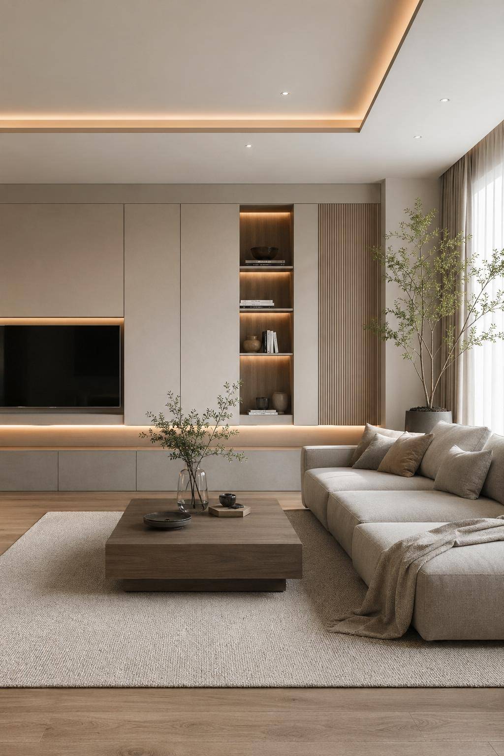 minimalistisches Wohnzimmer einrichten- Integriere versteckte Stauraumlösungen elegant