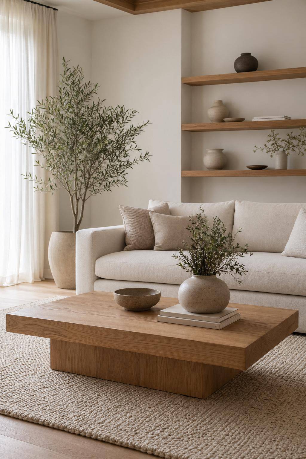 minimalistisches Wohnzimmer einrichten- Nutze natürliche Materialien wie Holz und Leinen