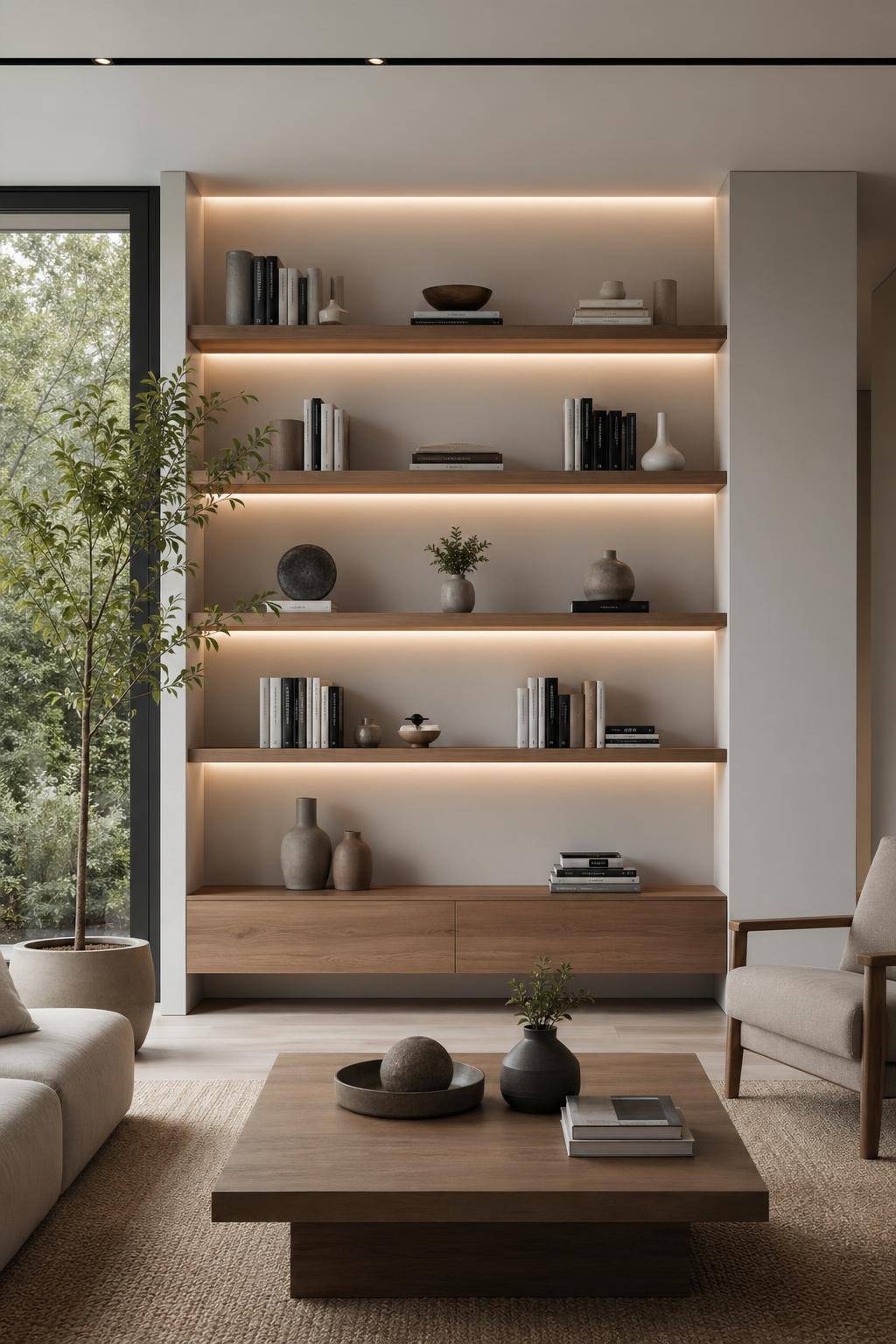 minimalistisches Wohnzimmer einrichten- Ordne Bücher und Accessoires symmetrisch an