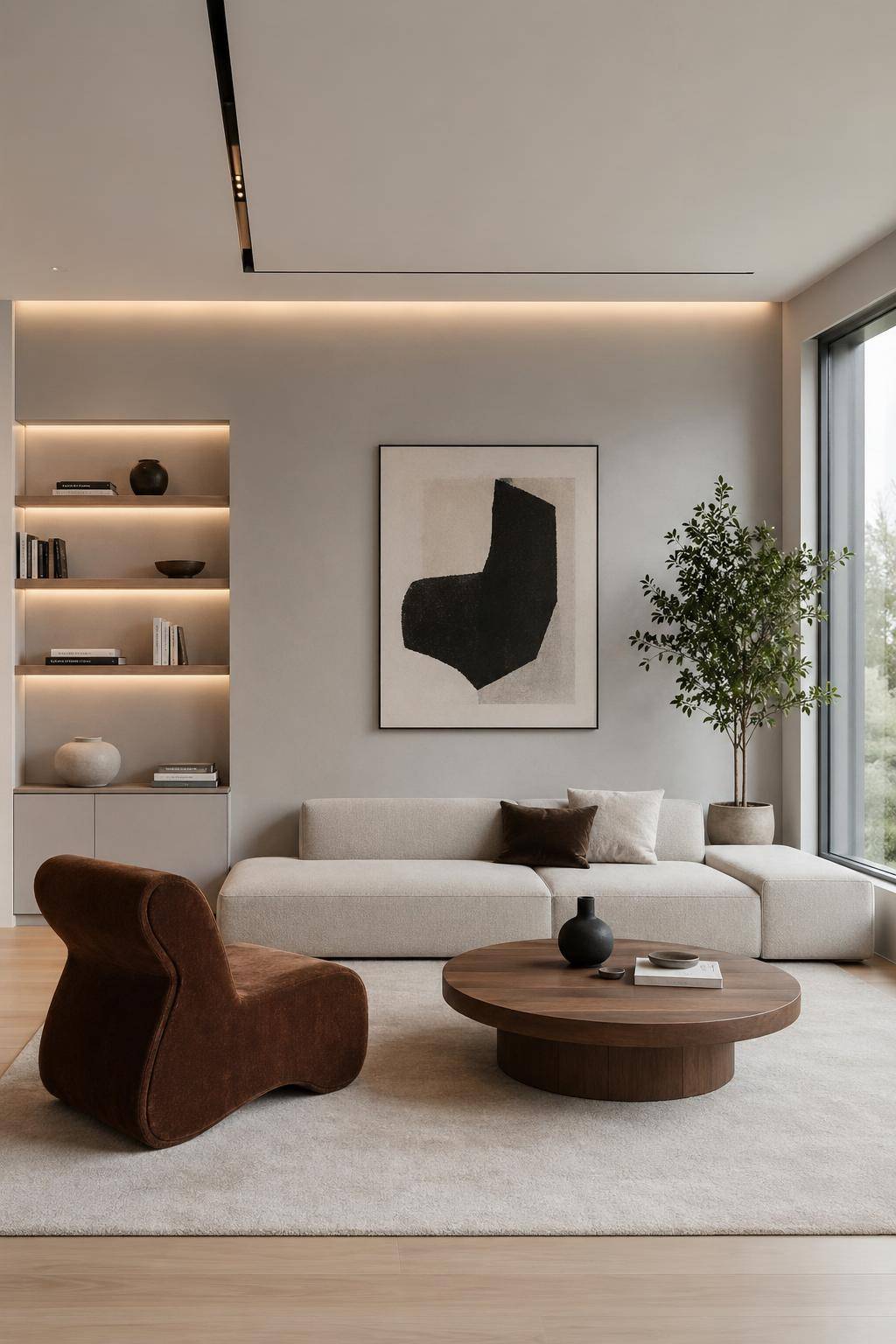 minimalistisches Wohnzimmer einrichten- Positioniere wenige, markante Möbelstücke bewusst