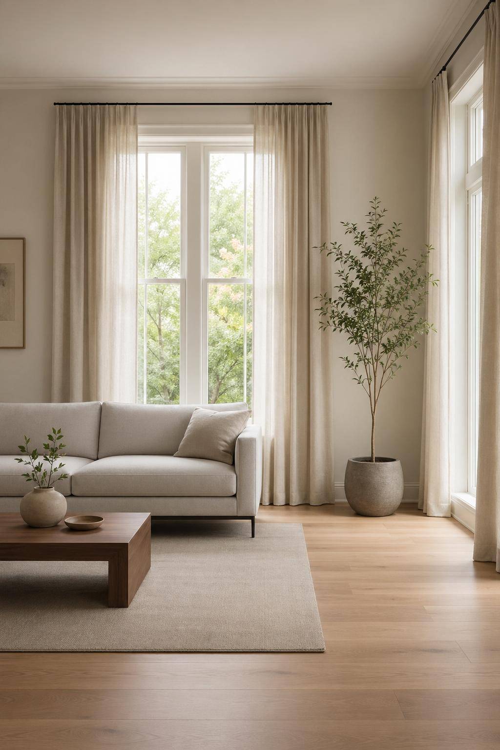 minimalistisches Wohnzimmer einrichten- Wähle schlichte, funktionale Vorhänge