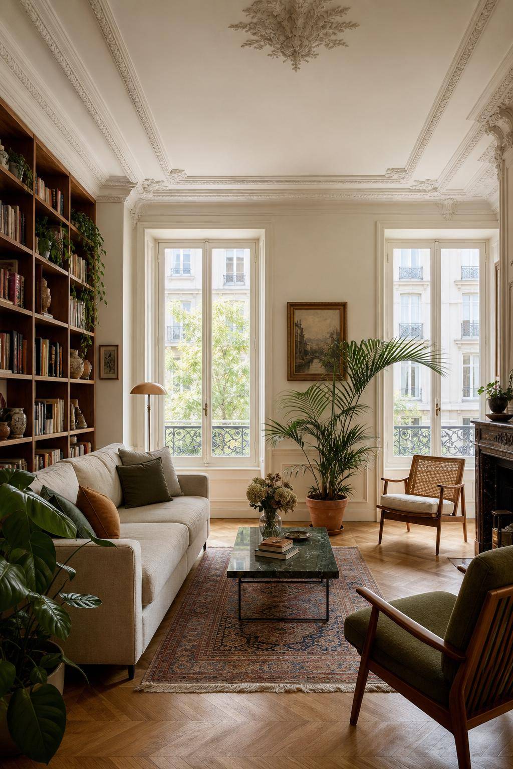 Altbauwohnung einrichten- Horte Bücher in offenen Regalen an der Wand