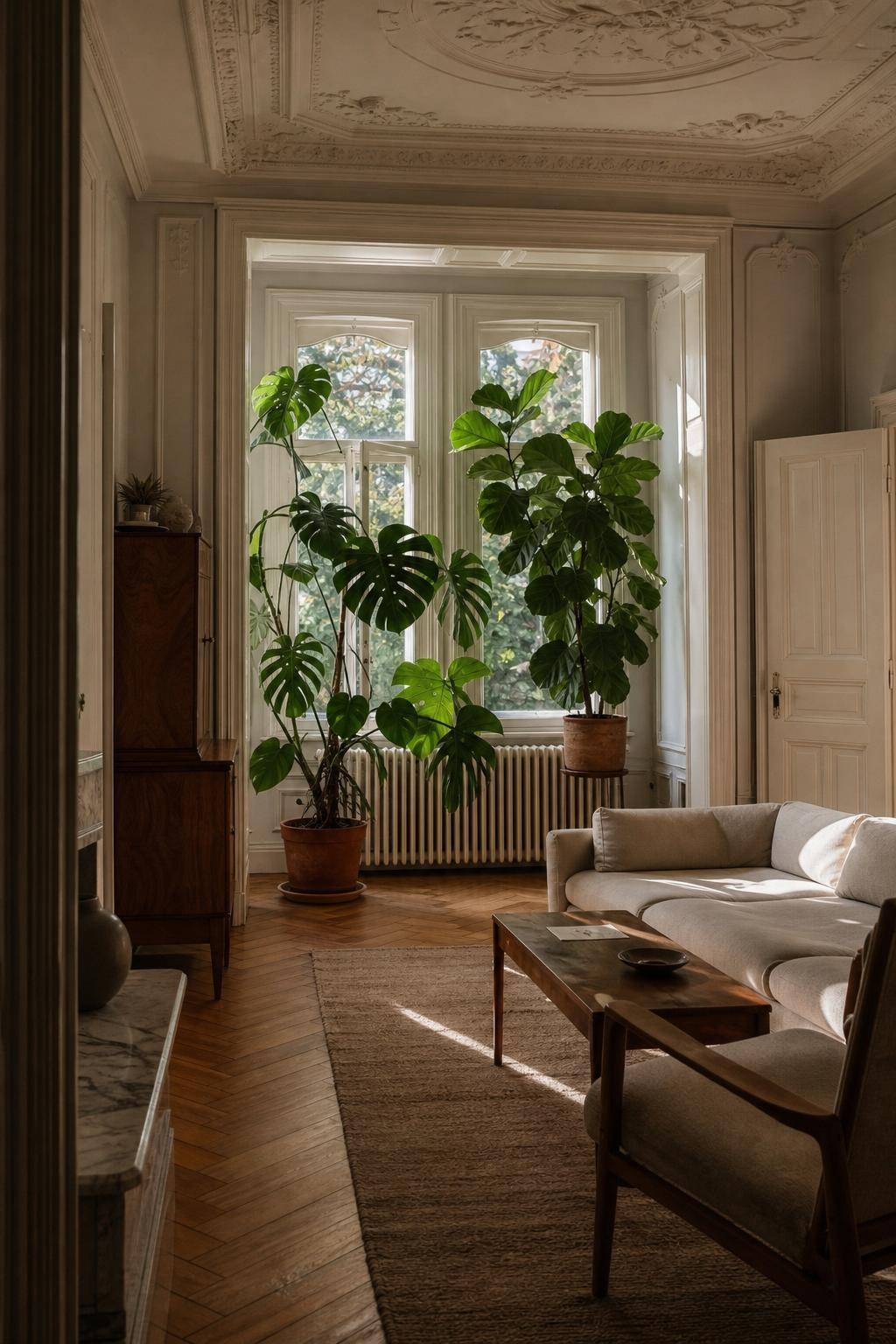 Altbauwohnung einrichten- Pflanze großblättrige Zimmerpflanzen in Altbau-Nischen