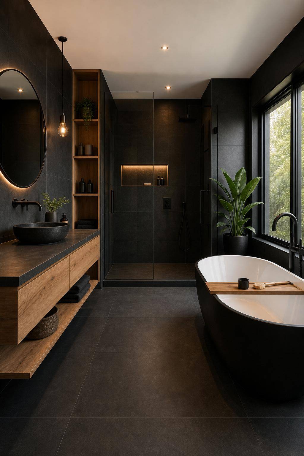 Badezimmer in Schwarz-Kombiniere schwarze Fliesen mit Holzaccessoires