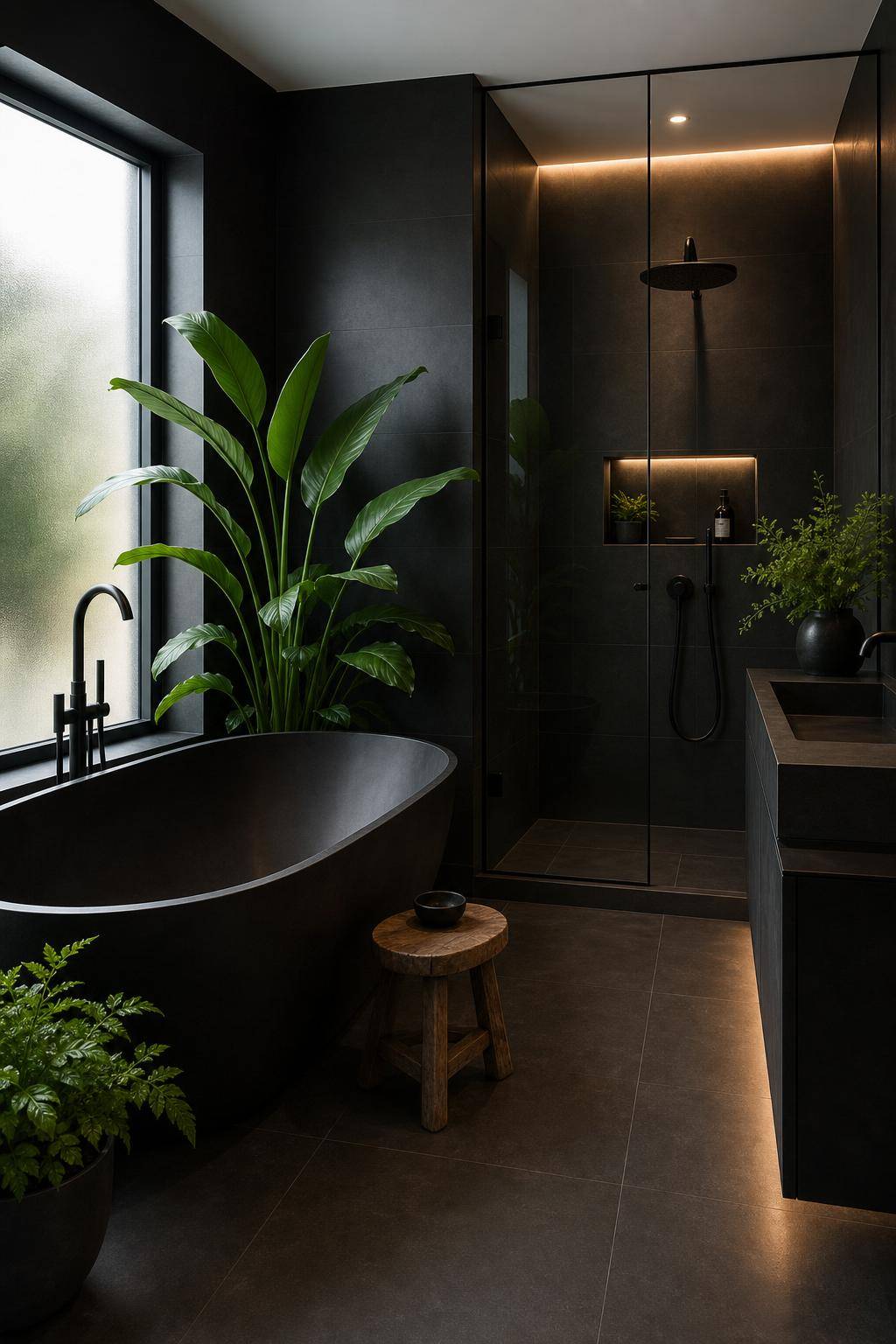 Badezimmer in Schwarz- Ergänze Pflanzen für frische Kontraste