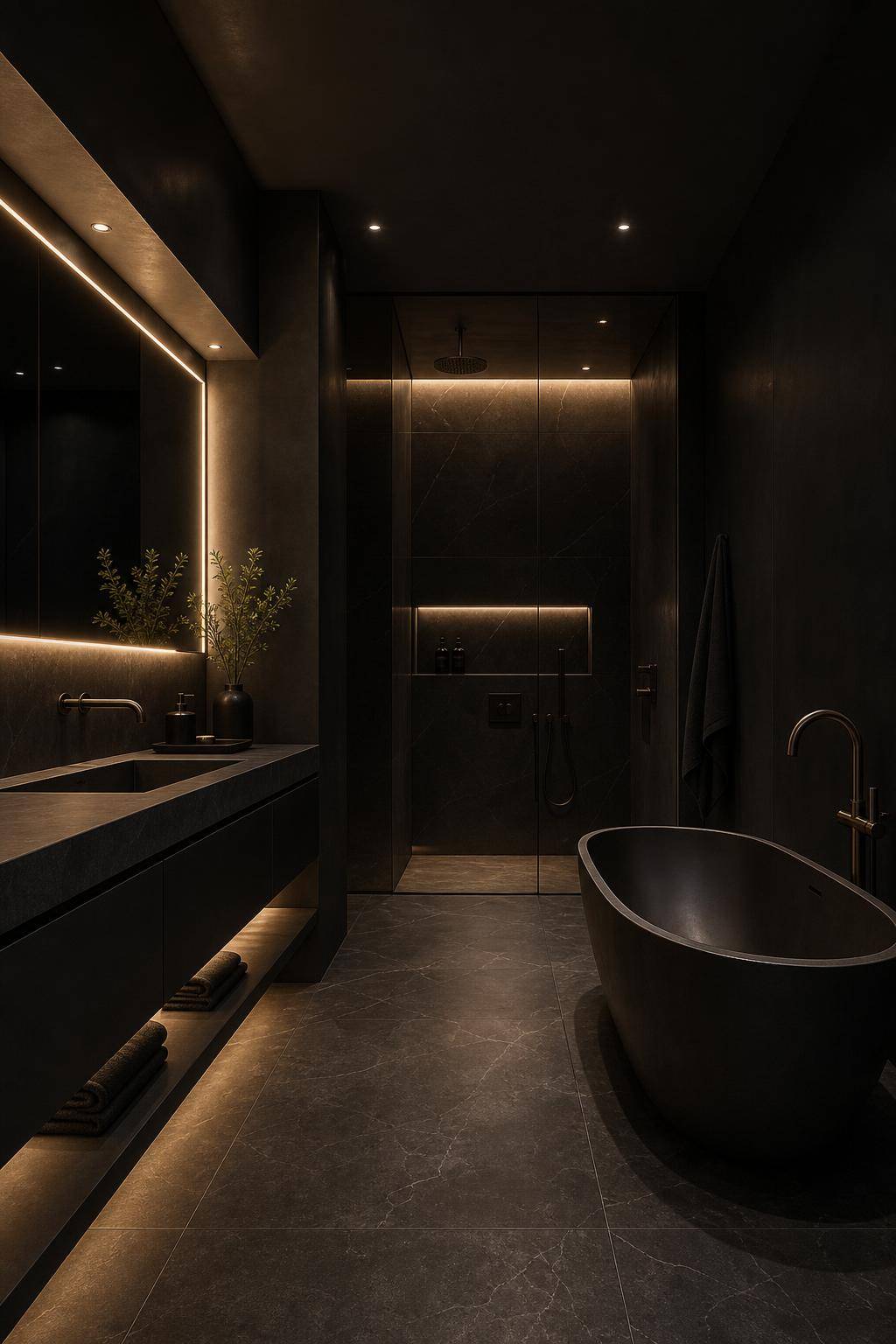 Badezimmer in Schwarz- Experimentiere mit indirekter Beleuchtung