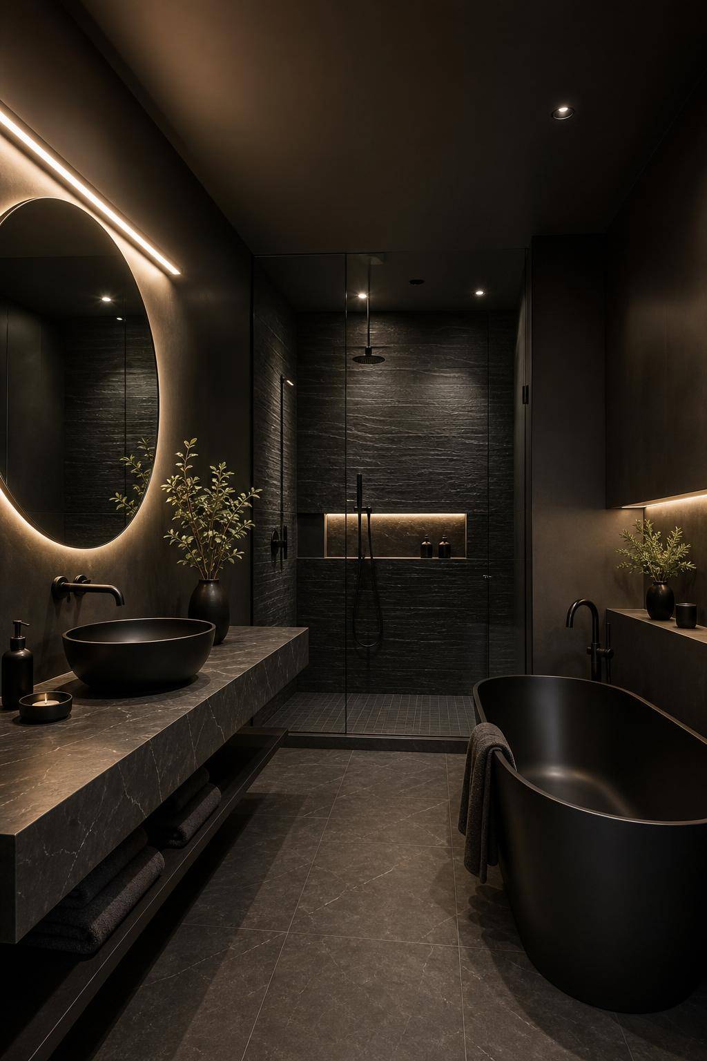 Badezimmer in Schwarz- Hebe mit Spiegeln faszinierende Details hervor