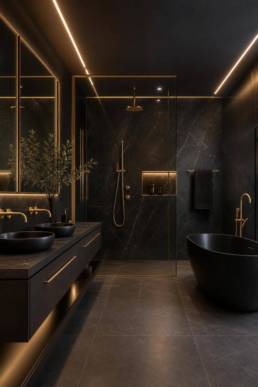 Badezimmer in Schwarz- Integriere goldene Akzente für mehr Eleganz