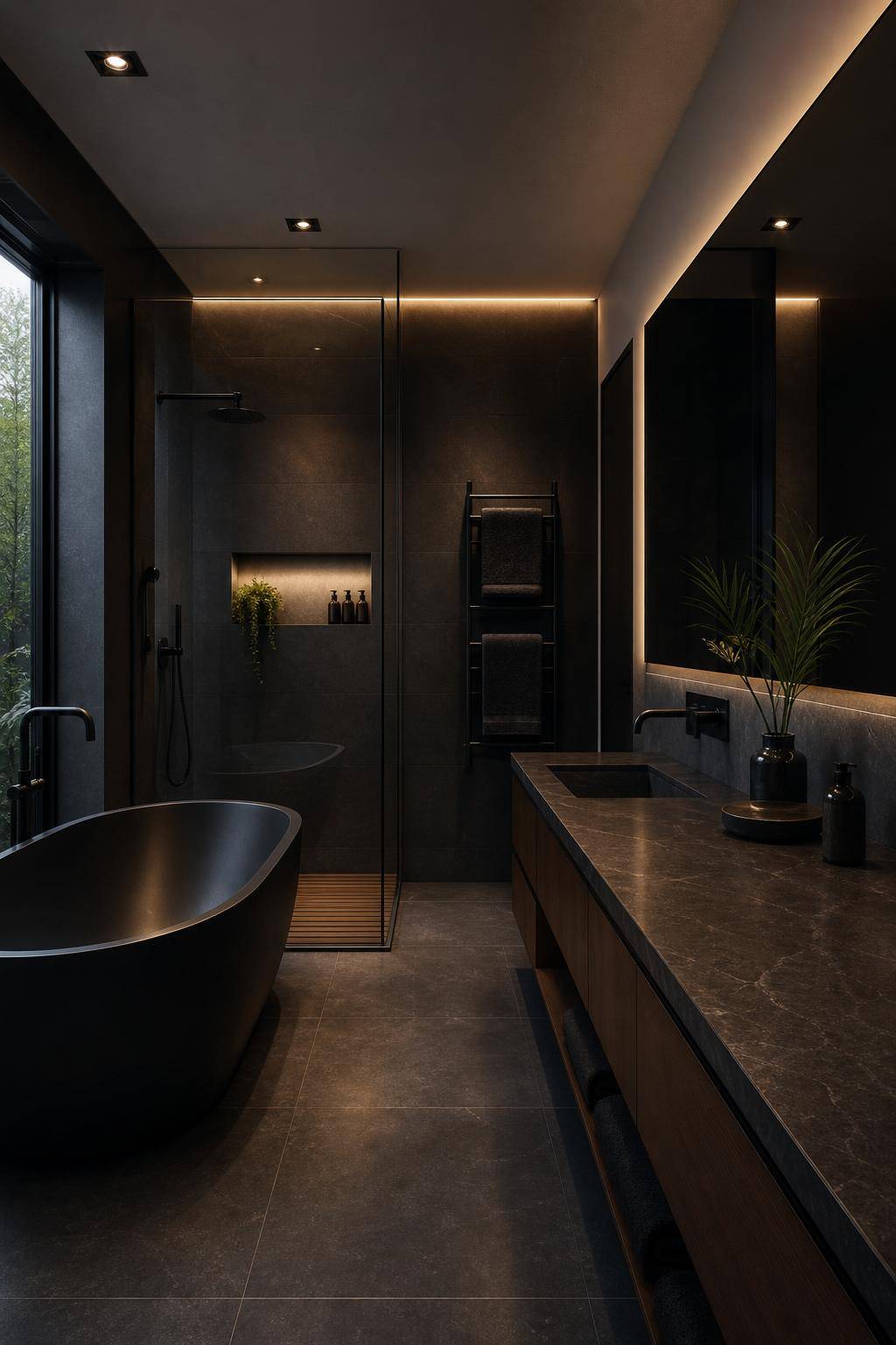 Badezimmer in Schwarz- Präsentiere schwarze Handtücher als Highlight