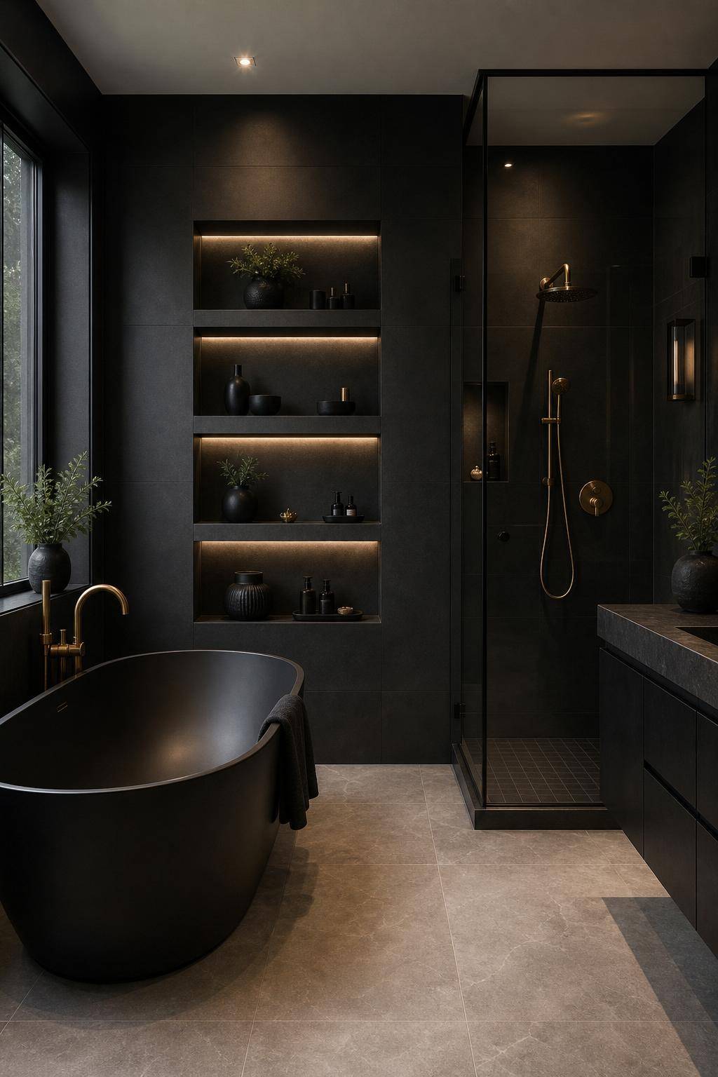 Badezimmer in Schwarz- Probiere Wandnischen für schwarze Deko