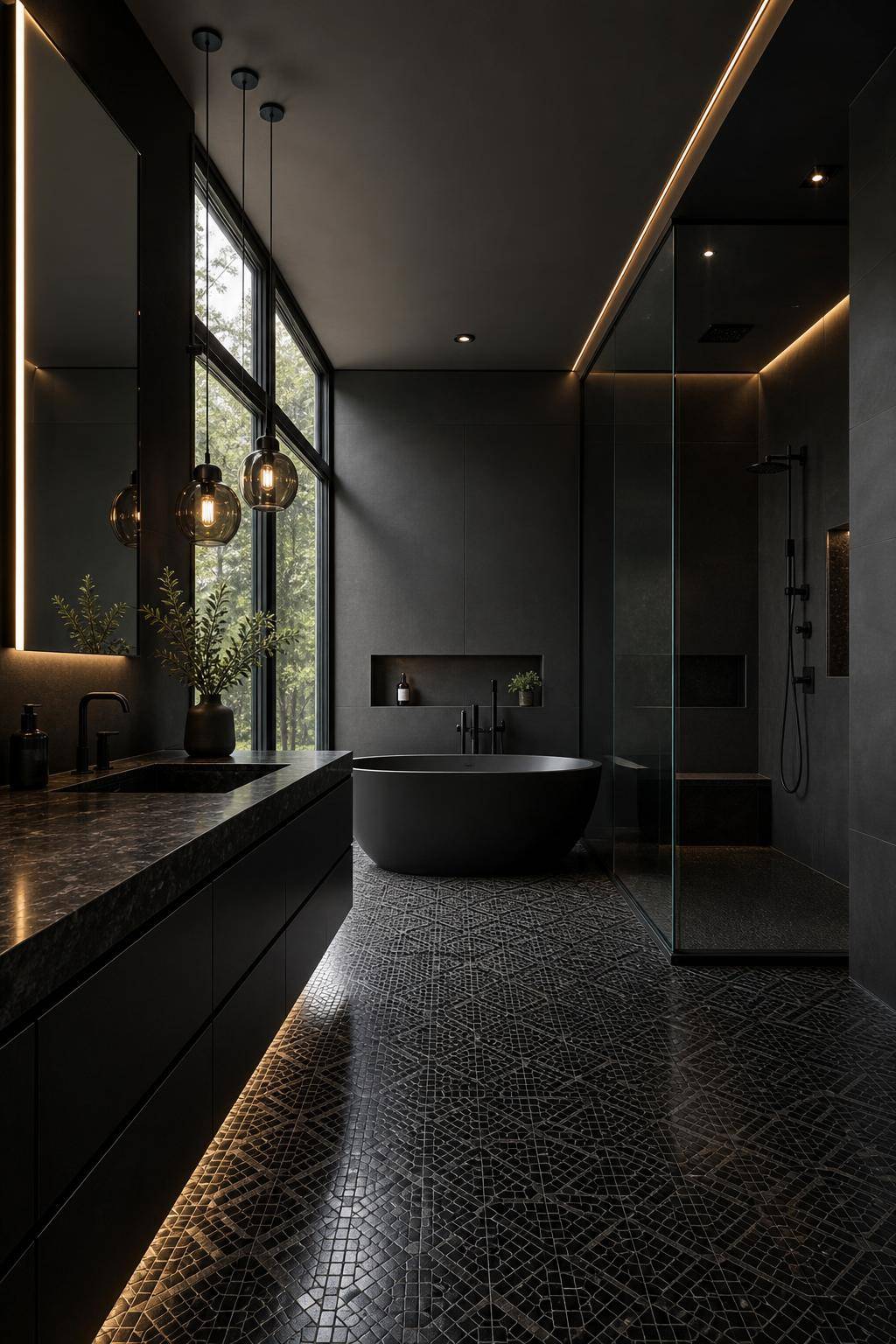 Badezimmer in Schwarz- Schmücke den Boden mit schwarzem Mosaik