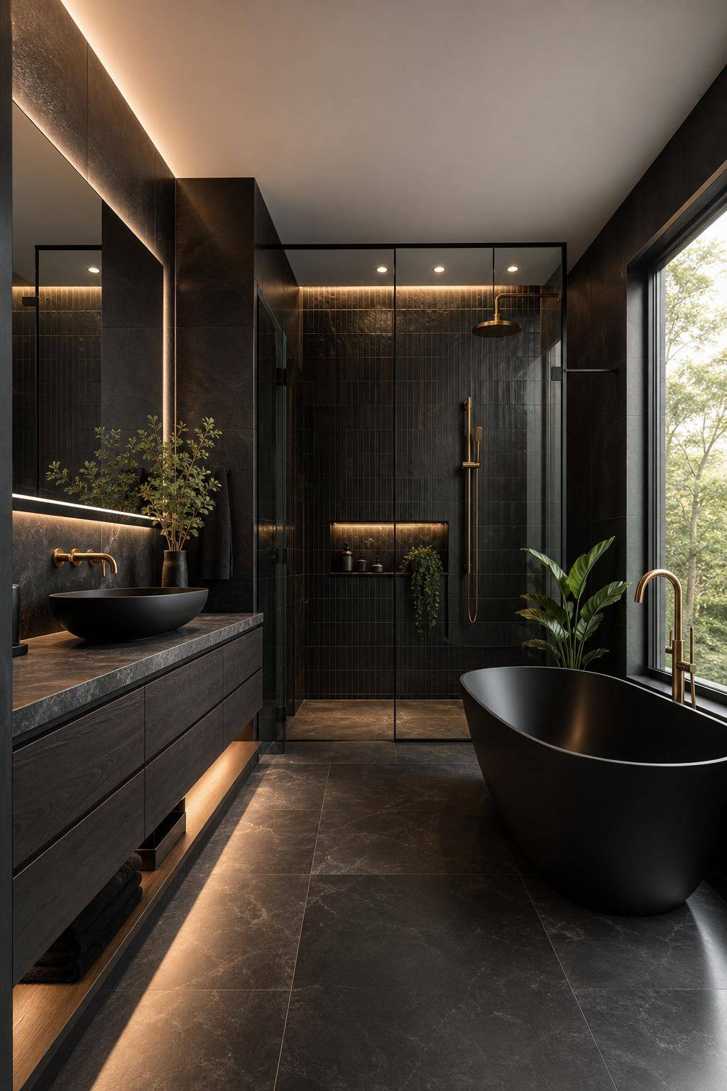 Badezimmer in Schwarz- Spiele mit unterschiedlichen Schwarznuancen