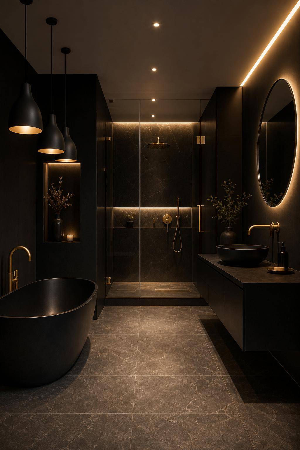 Badezimmer in Schwarz- Verteile Statement-Lampen in dunklem Design