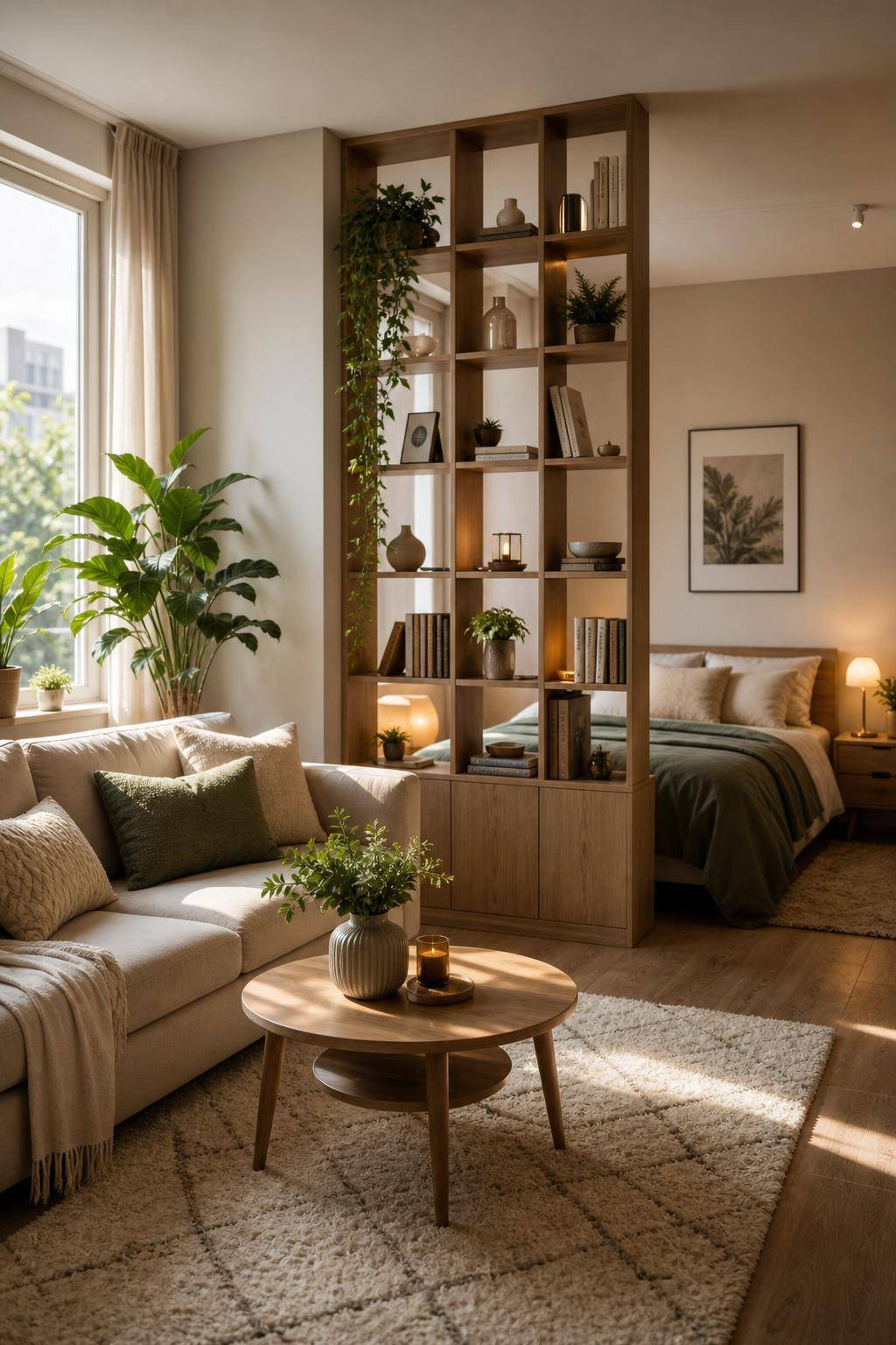 Bett im Wohnzimmer integrieren-Platziere das Bett hinter einem offenen Regal