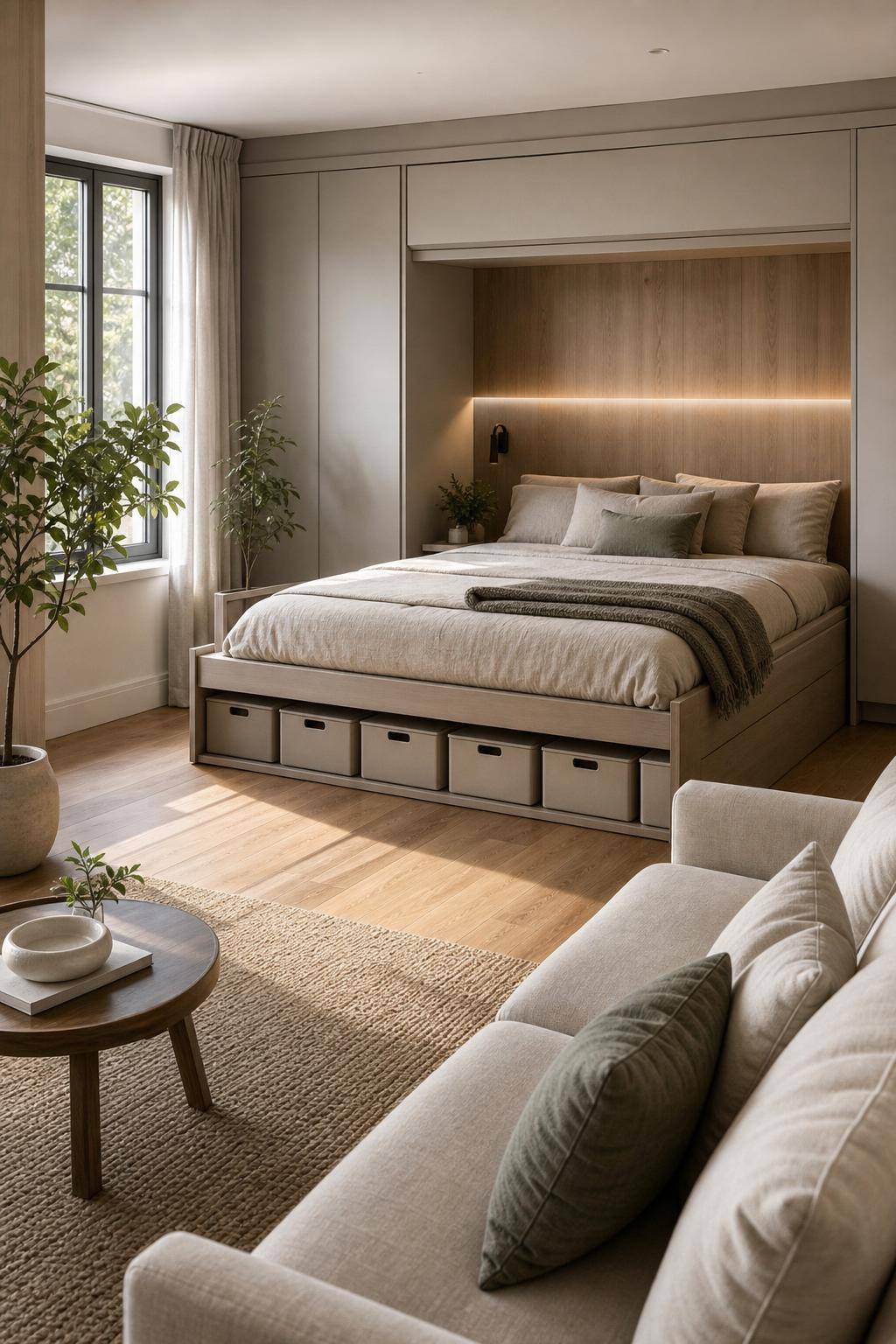 Bett im Wohnzimmer integrieren- Bringe Rollboxen unter dem Bett an