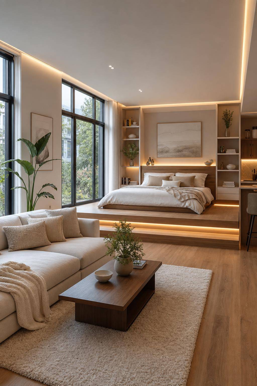 Bett im Wohnzimmer integrieren- Erhöhe das Bett auf einem Podest