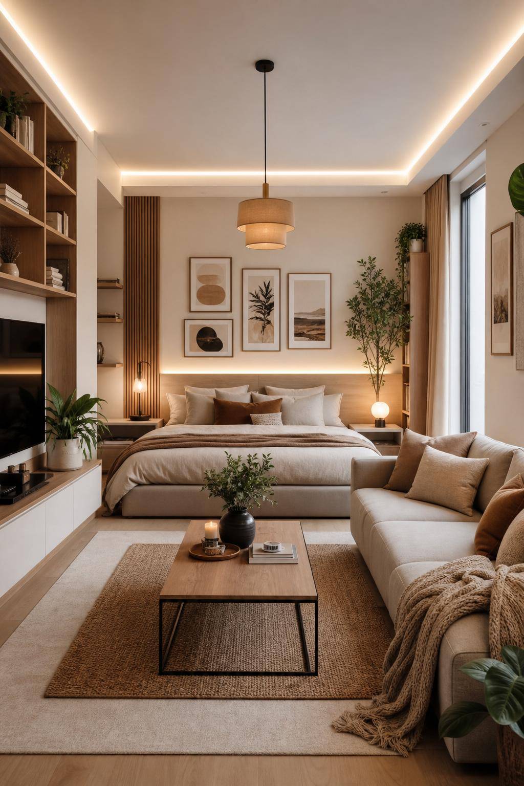 Bett im Wohnzimmer integrieren- Hänge DIY-Bilder über das Bett
